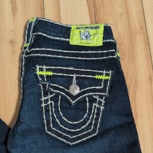 Vintage True Religion Women's Dark Blue Jeans with Neon Accents